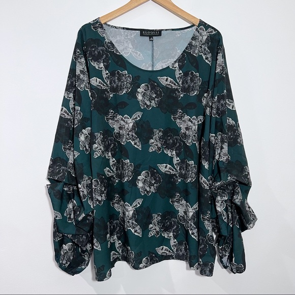 Eloquii Floral Blouse With Ruched Sleeves Green/Black/White Size 28 - Picture 2 of 10